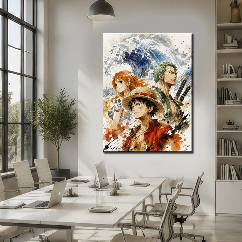 Tableau One Piece Pop Art Premium au-dessus d'un lit dans une chambre parentale moderne