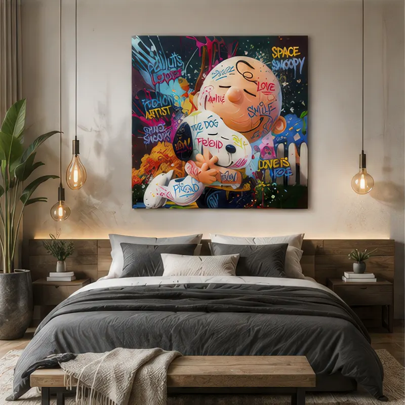 Tableau Snoopy Pop Art Premium au-dessus d'un lit dans une chambre parentale moderne