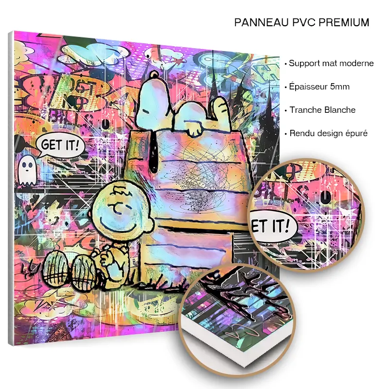 Tableau Snoopy Pop Art sur panneau PVC premium finition mate.