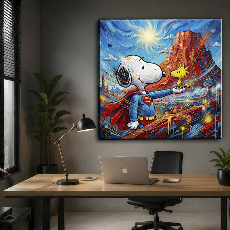 Tableau Snoopy Pop Art installé dans un coin lecture design avec bibliothèque contemporaine