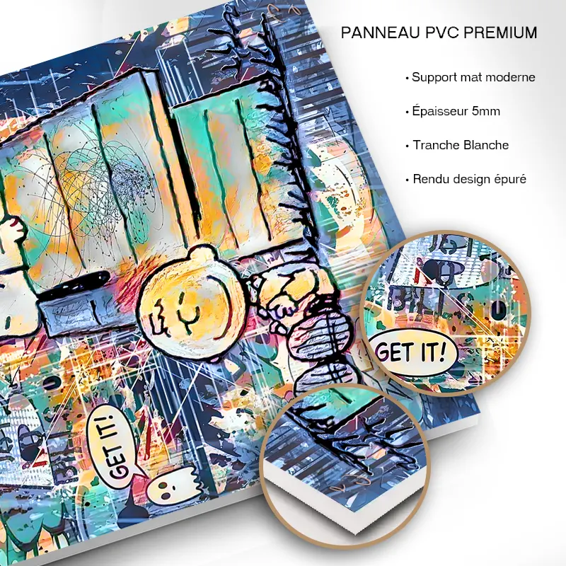 Tableau Snoopy Pop Art sur panneau PVC premium finition mate.