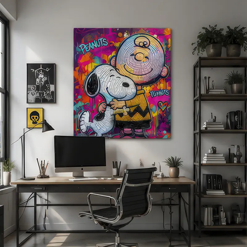 Tableau Snoopy Pop Art installé dans un coin lecture design avec bibliothèque contemporaine