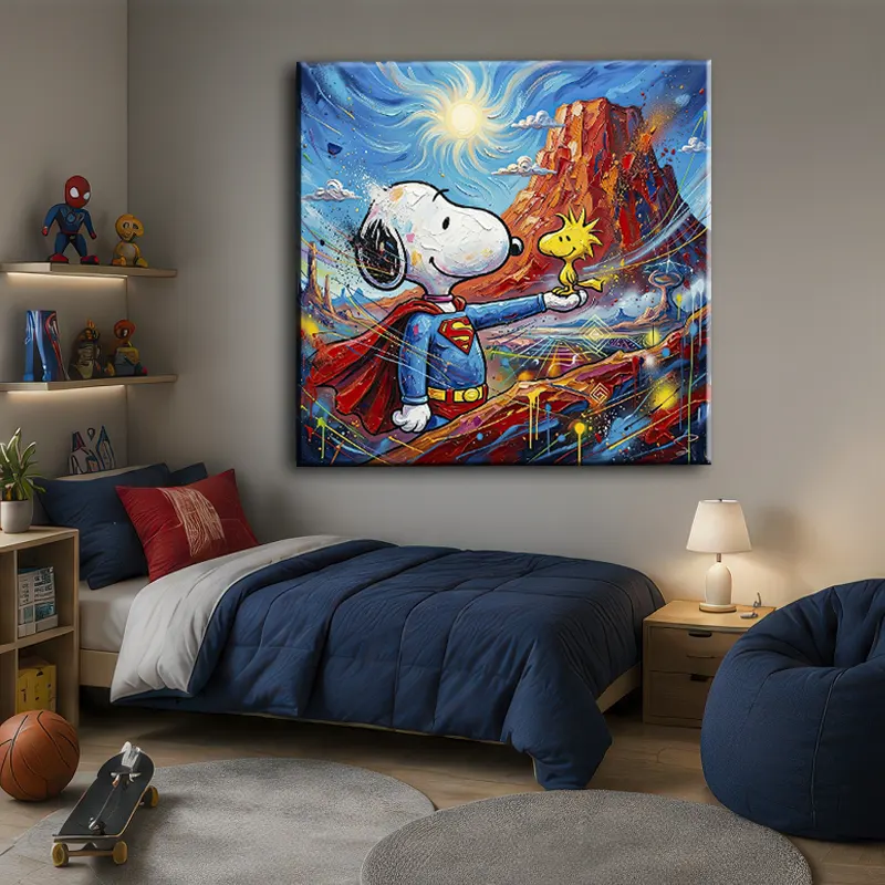 Tableau Snoopy Pop Art Premium au-dessus d'un lit dans une chambre parentale moderne