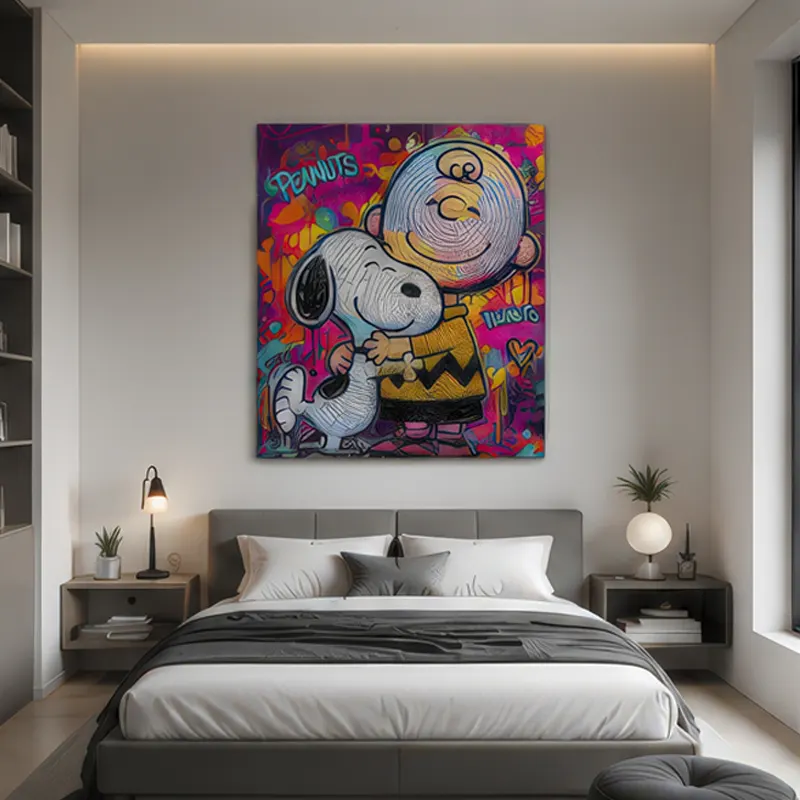 Tableau Snoopy Pop Art Premium au-dessus d'un lit dans une chambre parentale moderne