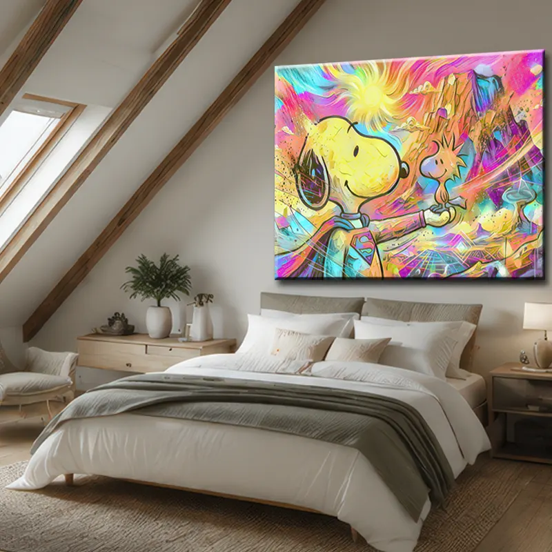 Tableau Snoopy Pop Art Premium au-dessus d'un lit dans une chambre parentale moderne