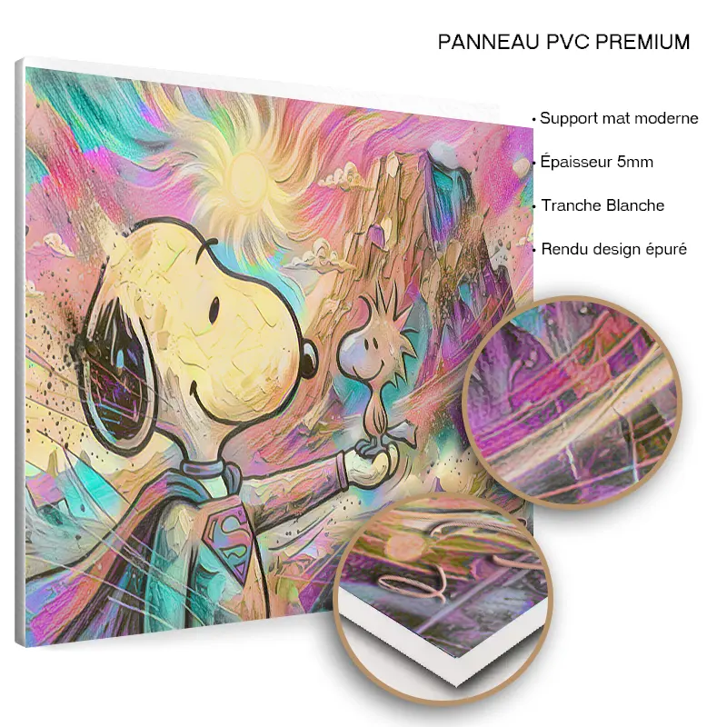 Tableau Snoopy Pop Art sur panneau PVC premium finition mate.