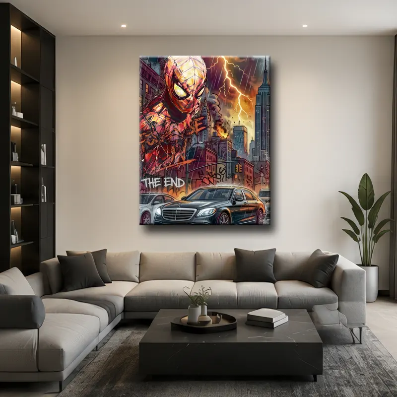 Tableau Spider-Man Pop Art Street Art dans un salon contemporain haut de gamme