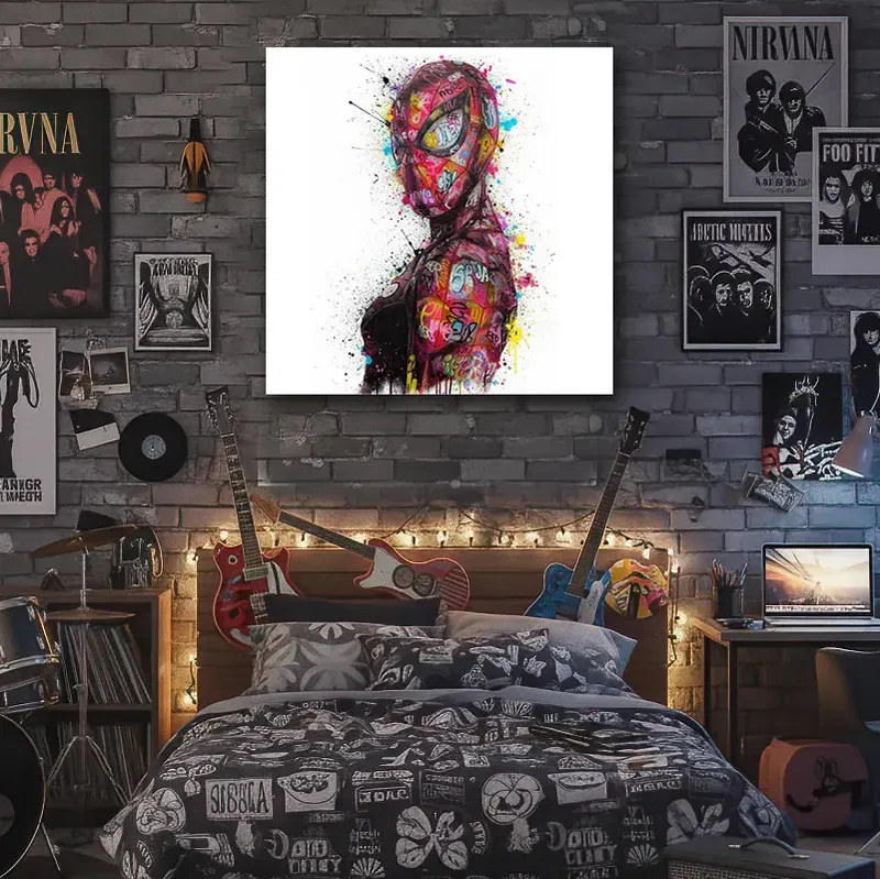 Tableau Spider-Man Pop Art dans une chambre d'adolescent premium au style contemporain