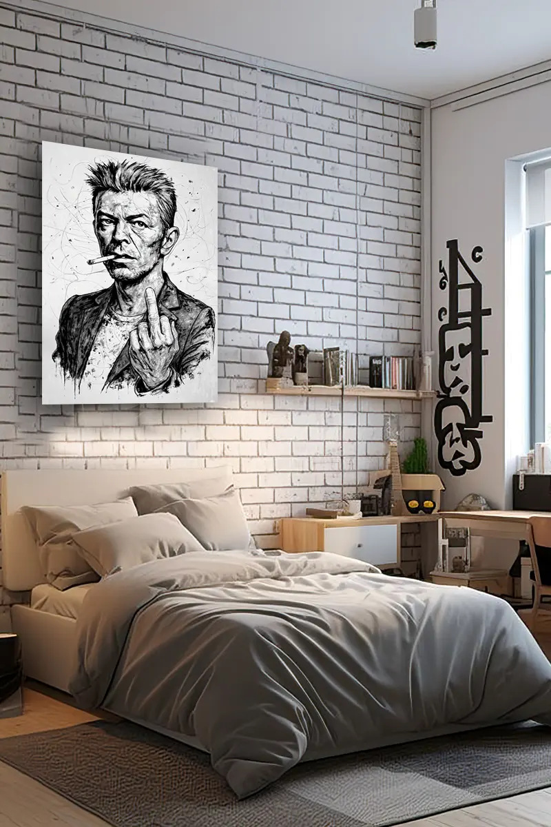 Le choix du noir et blanc apporte une élégance brute et intemporelle. Le résultat est une œuvre à la fois rebelle et esthétique. Elle incarne parfaitement l’esprit créatif et provocateur de David Bowie. chambre tons gris et blanc