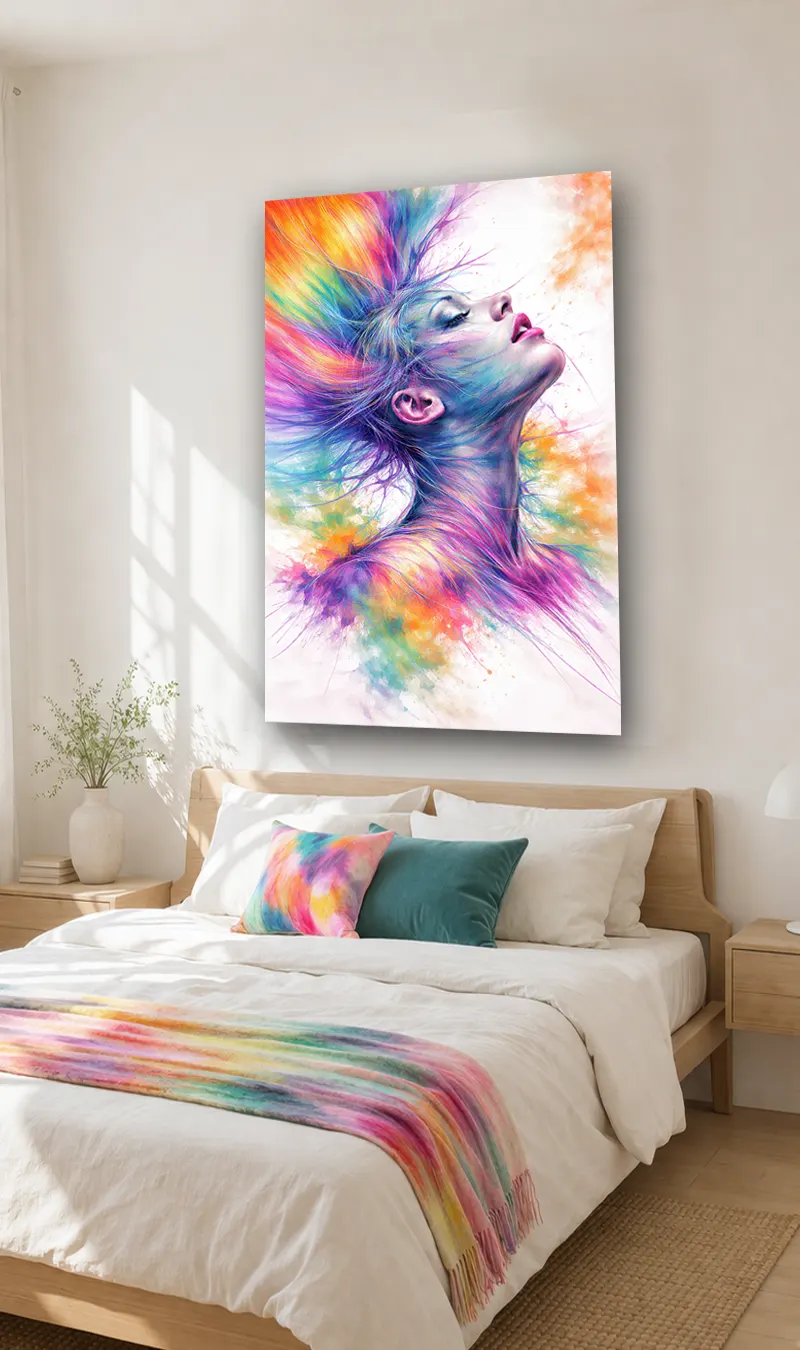 tableau moderne femme arc en ciel pour chambre