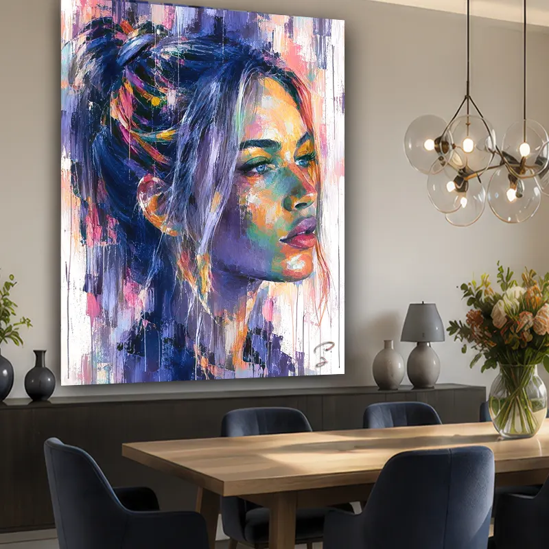 Tableau portrait féminin coloré pour salle à manger contemporaine
