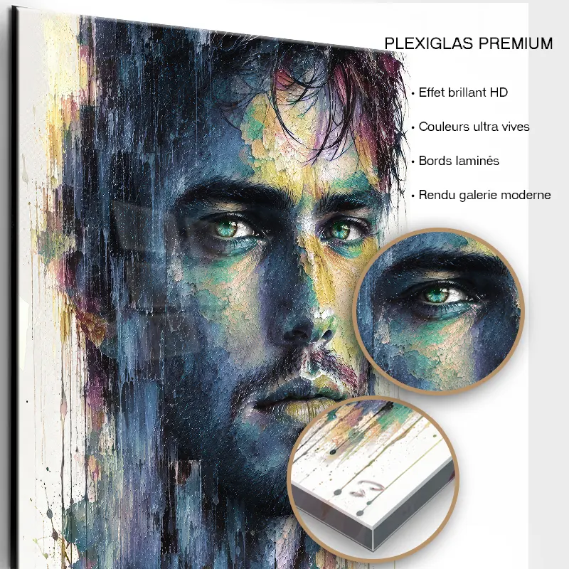 tableau-visage- homme-Pop Art sur plexiglas premium finition brillante.