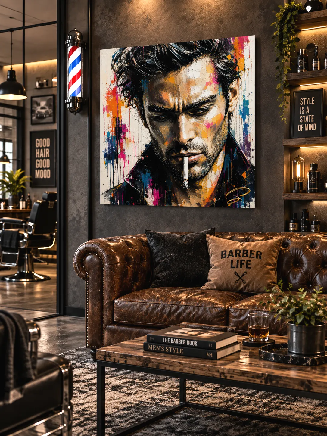 Tableau homme Pop Art dans un salon de barbier au style industriel