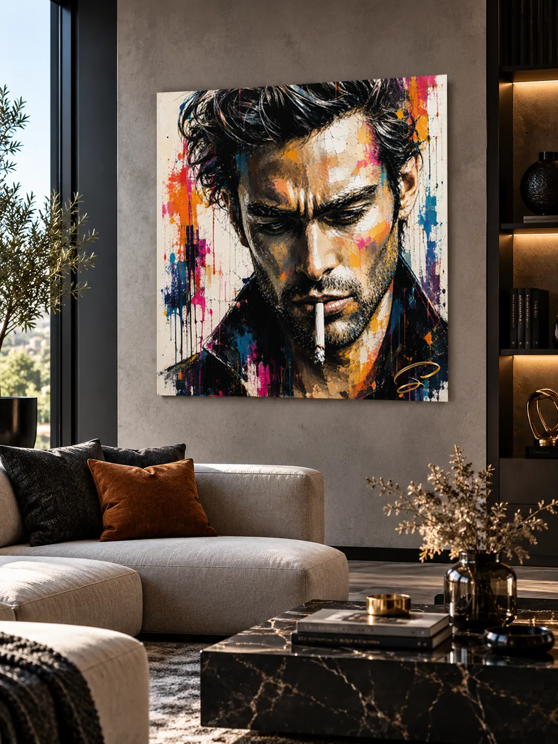 Tableau homme Pop Art coloré dans un salon contemporain haut de gamme