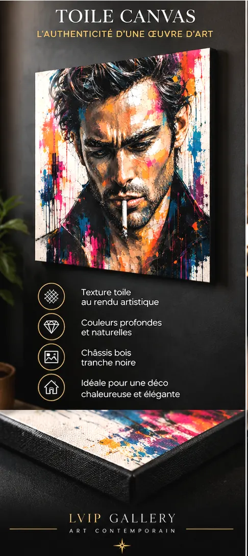 Tableau portrait homme Pop Art sur Toile Canvas avec tranche noire