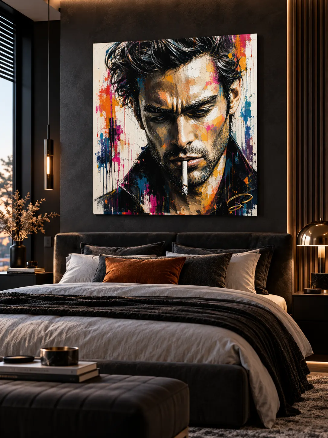 Tableau portrait masculin Pop Art dans une chambre contemporaine