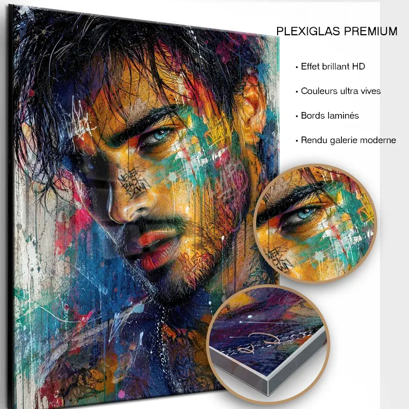 tableau-visage- homme-Pop Art sur plexiglas premium finition brillante.