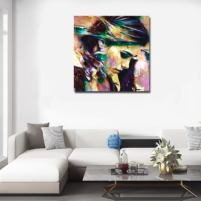 portrait féminin pop art couleurs éclatantes tableau décoratif pour salon design clair