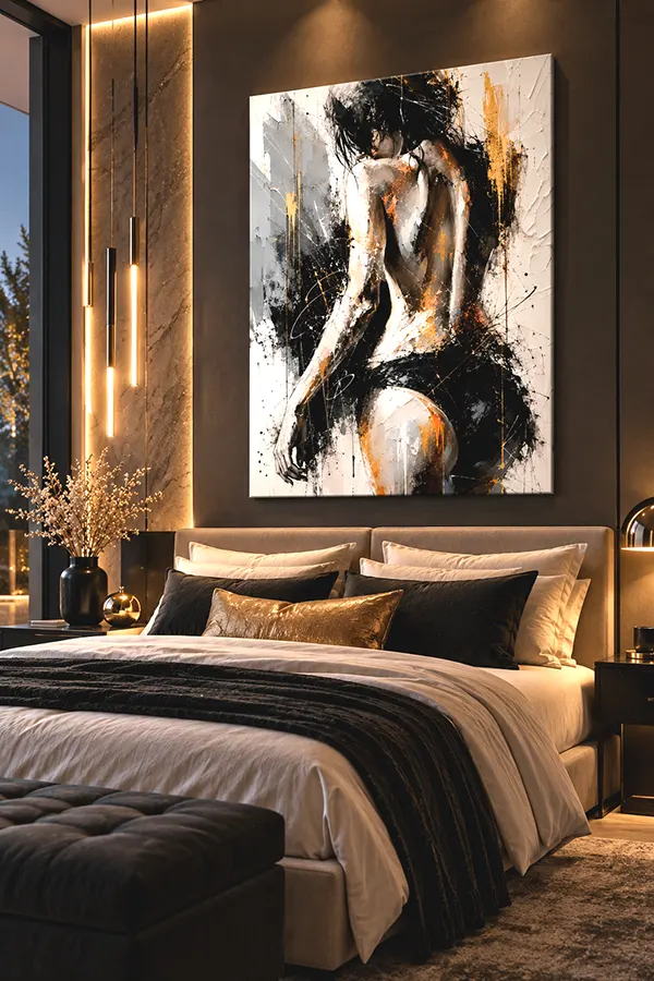 Tableau femme Bare Essence dans une chambre design noir et or