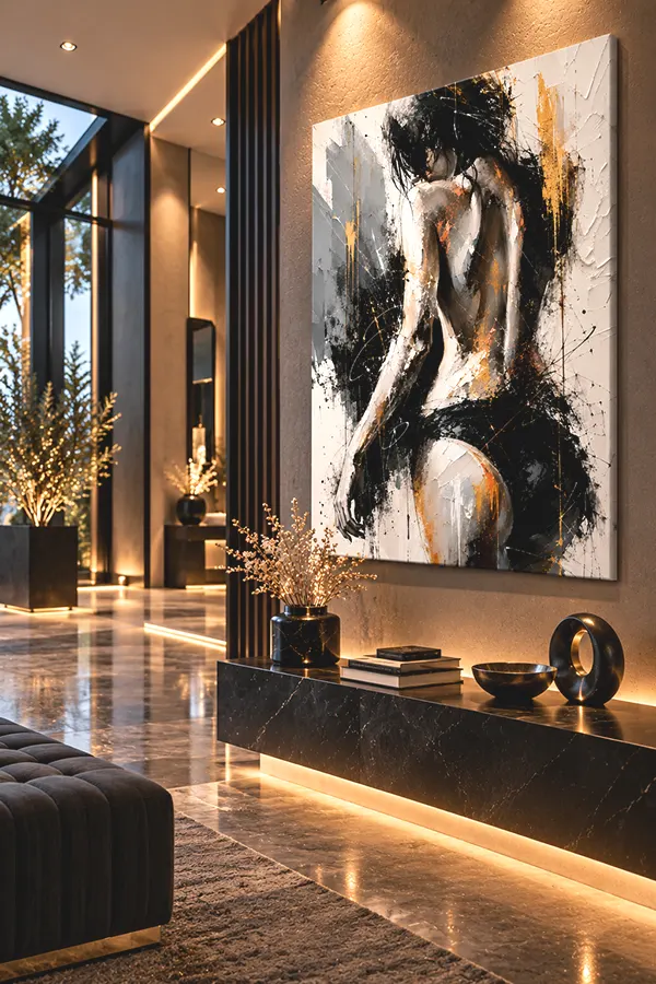 Tableau Bare Essence dans un intérieur contemporain noir et or