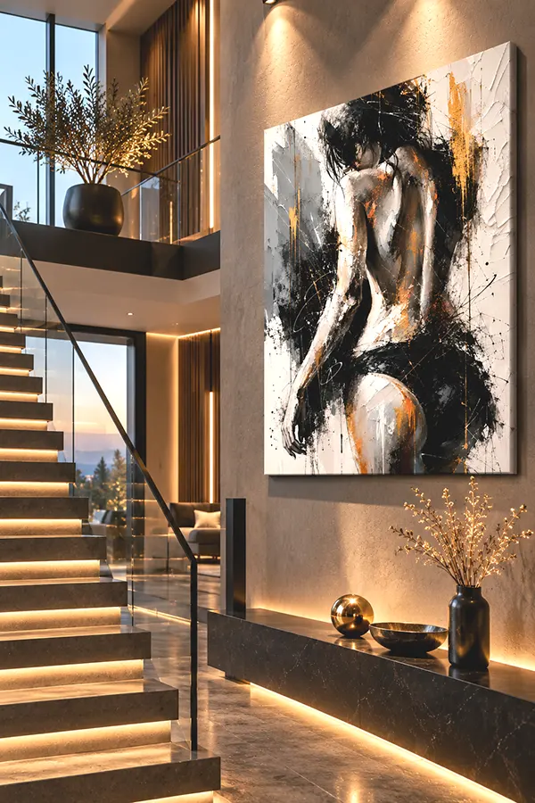 Tableau femme noir et blanc Bare Essence dans un loft avec escalier design