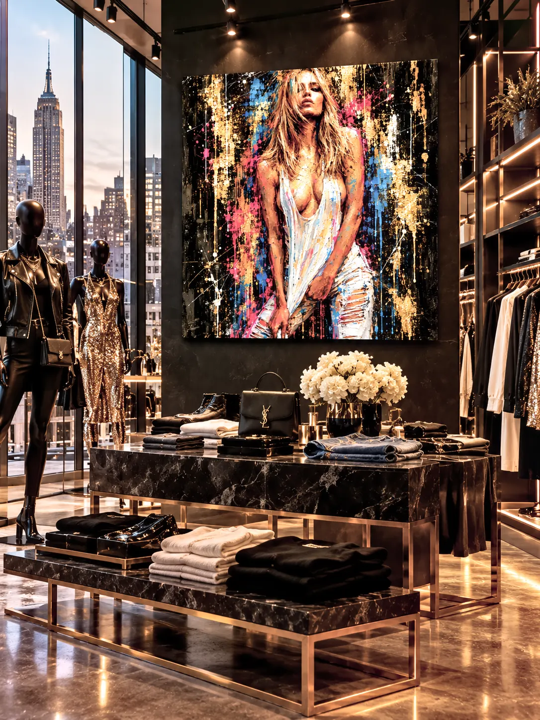 Tableau Golden Rebel dans une boutique de vêtements new-yorkaise de luxe