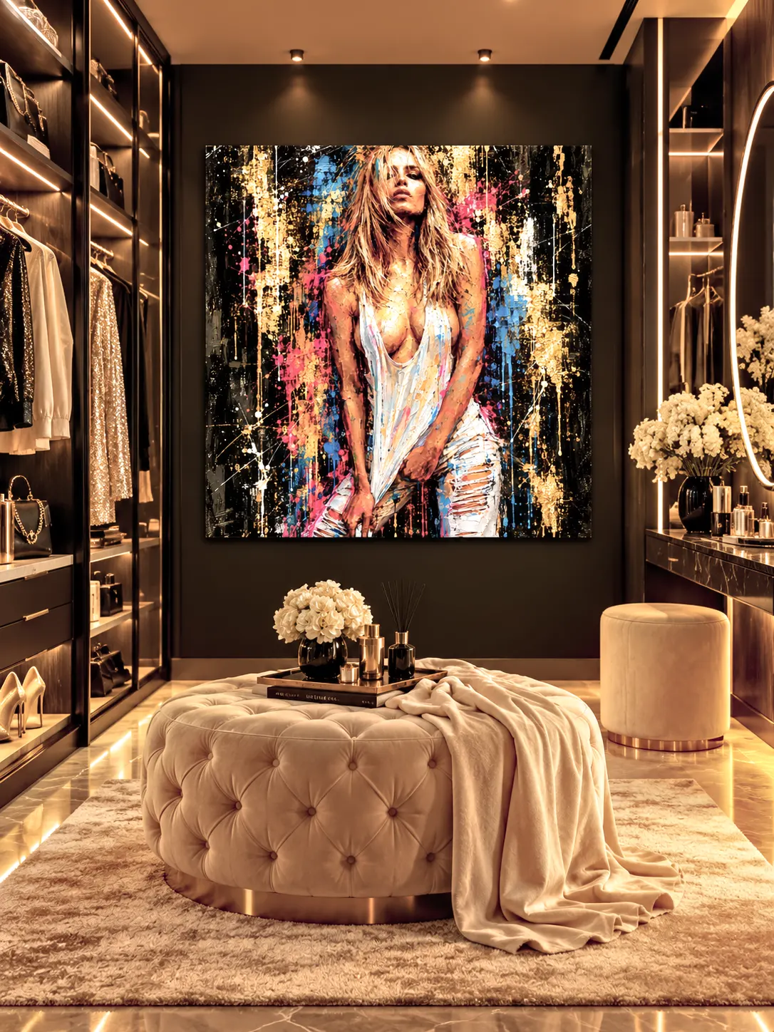 Tableau femme Street Art Golden Rebel dans un dressing design luxe