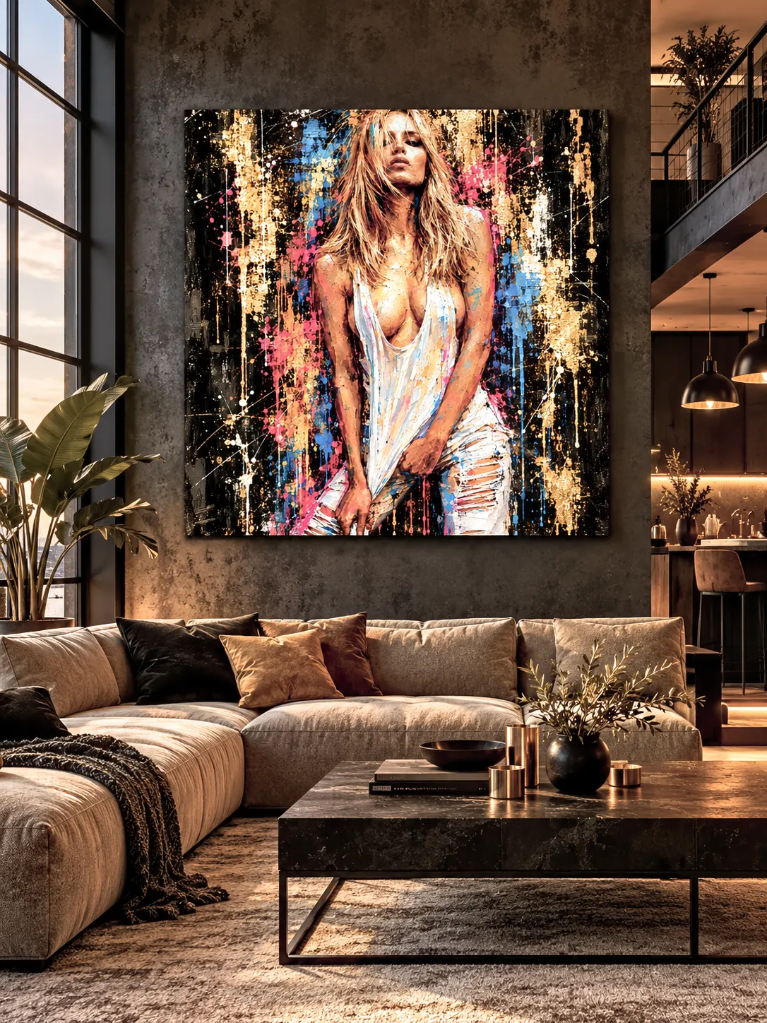 Tableau Golden Rebel dans un salon loft américain contemporain