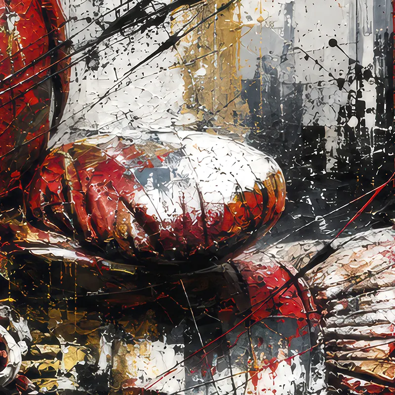 Gros plan du tableau Knockout Dreams avec gants de boxe rouges et textures picturales