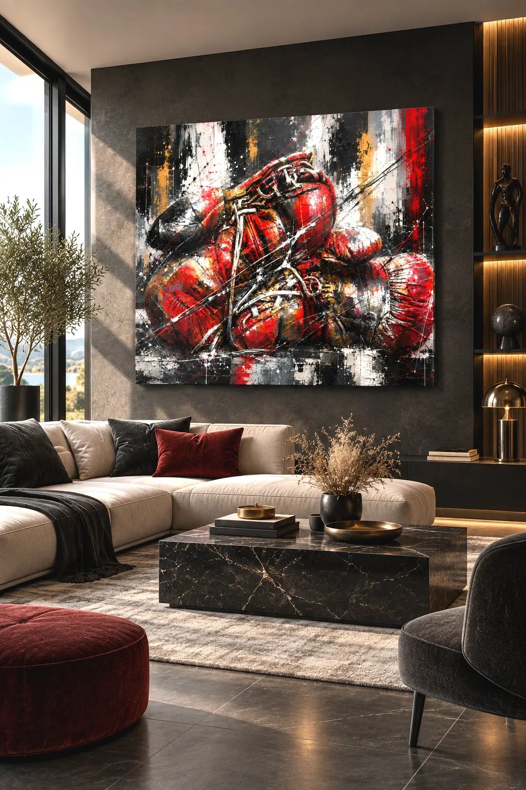Tableau boxe Knockout Dreams dans un salon contemporain