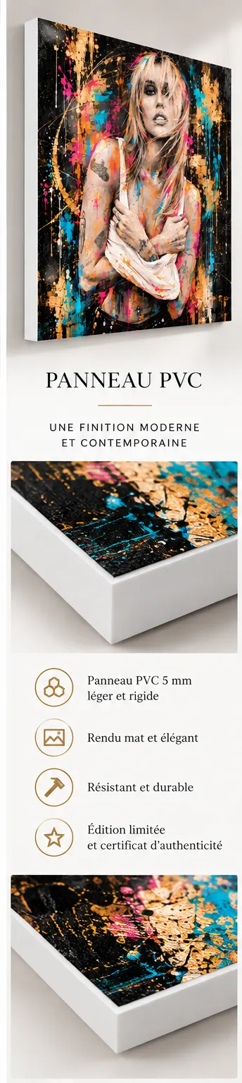 Golden Rebel tableau femme Street Art sur panneau PVC 5 mm avec tranche blanche