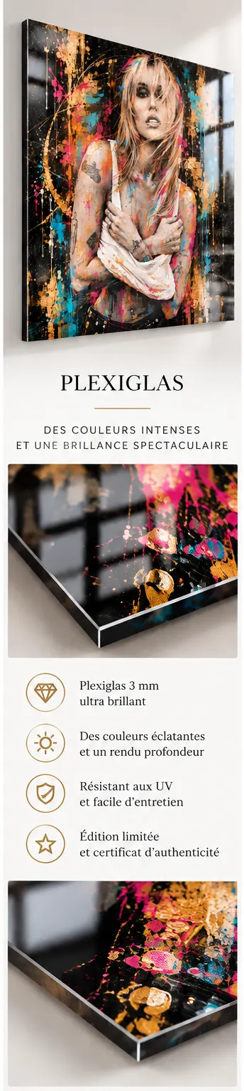 Golden Rebel tableau femme Street Art sur Plexiglas 3 mm finition brillante sans fixation visible