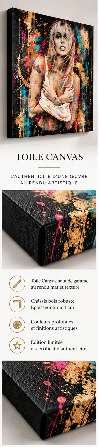 Golden Rebel tableau femme Street Art sur Toile Canvas Premium avec tranche noire