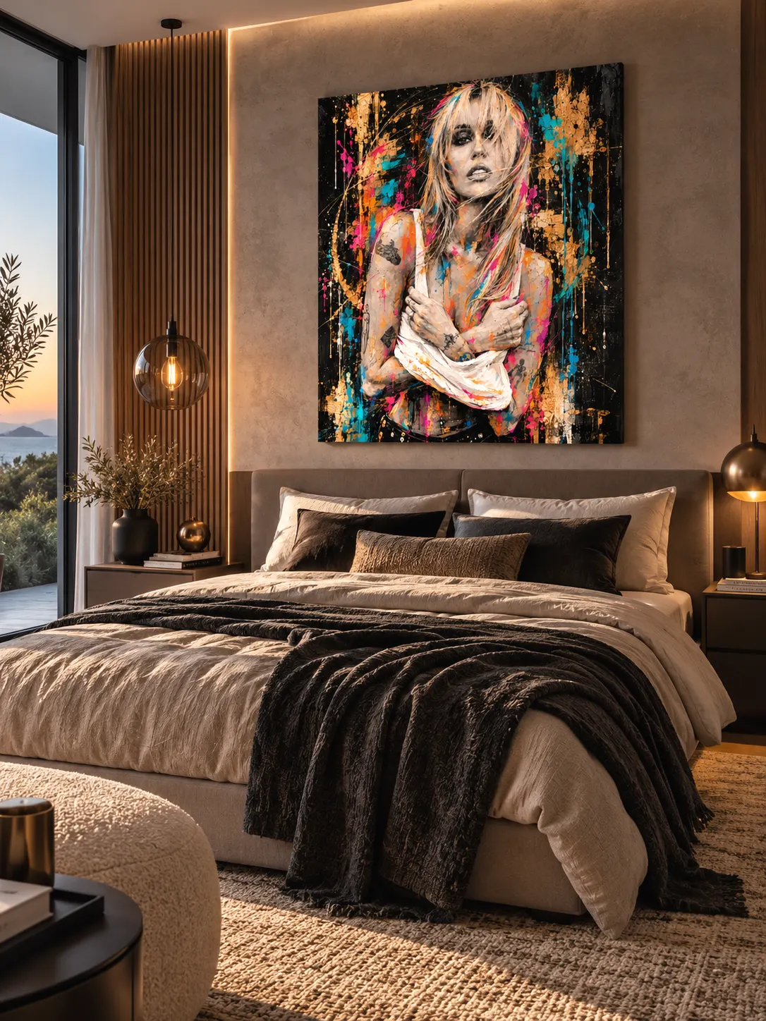 Tableau femme Golden Rebel Street Art dans une chambre design contemporaine