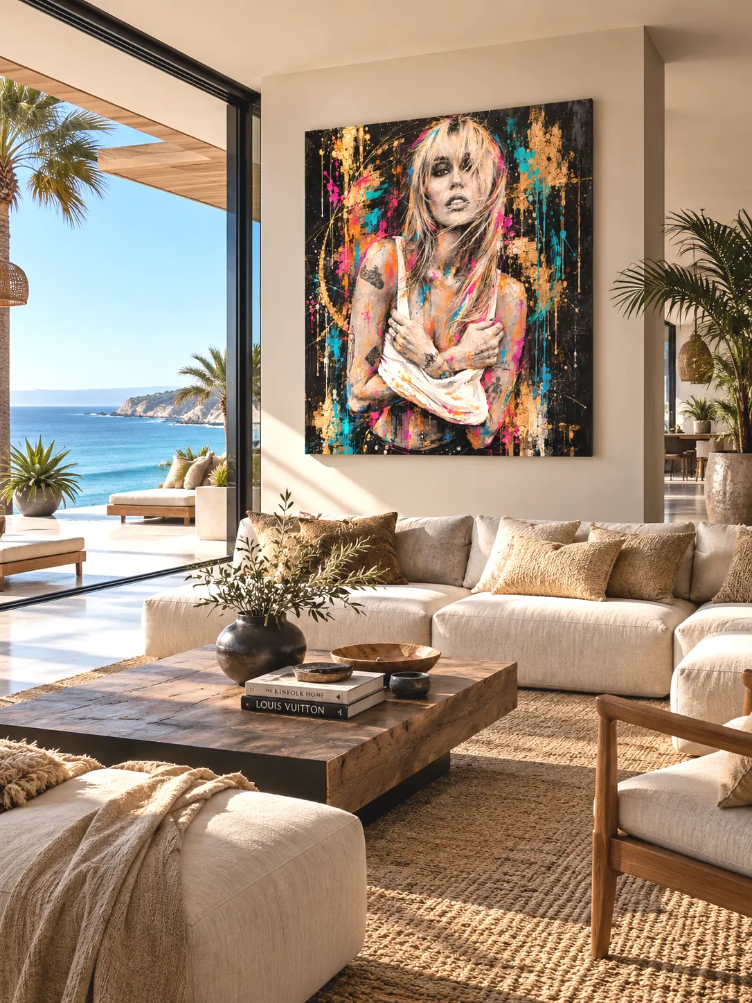 Tableau femme Golden Rebel Street Art dans un salon californien avec vue mer