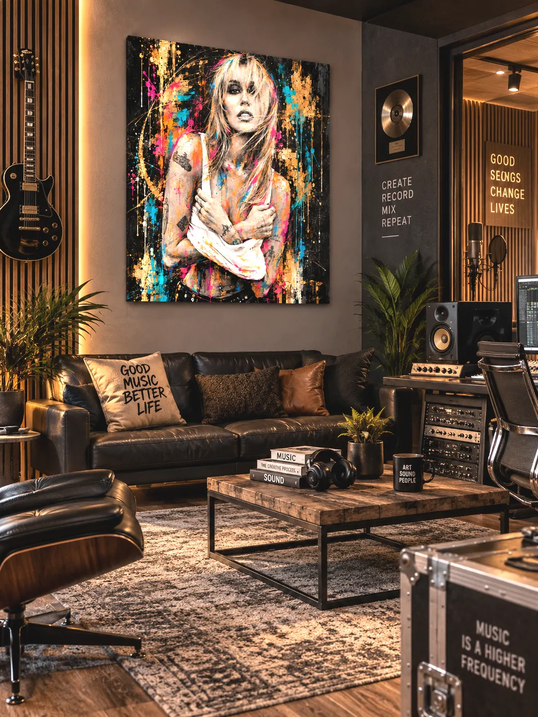 Tableau femme Golden Rebel Street Art dans un studio d’enregistrement moderne