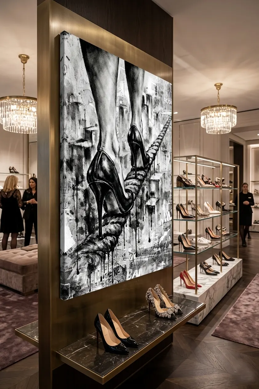 tableau pop art femme talons hauts art urbain noir blanc pour boutique de luxe