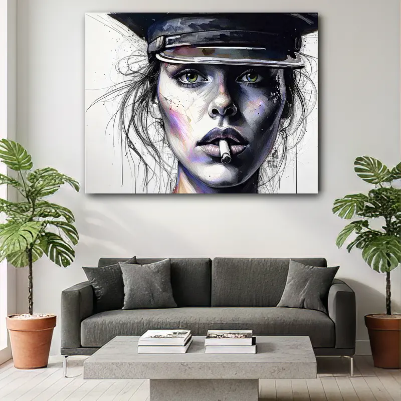 portrait artistique femme policière cigarette tableau design pour salon