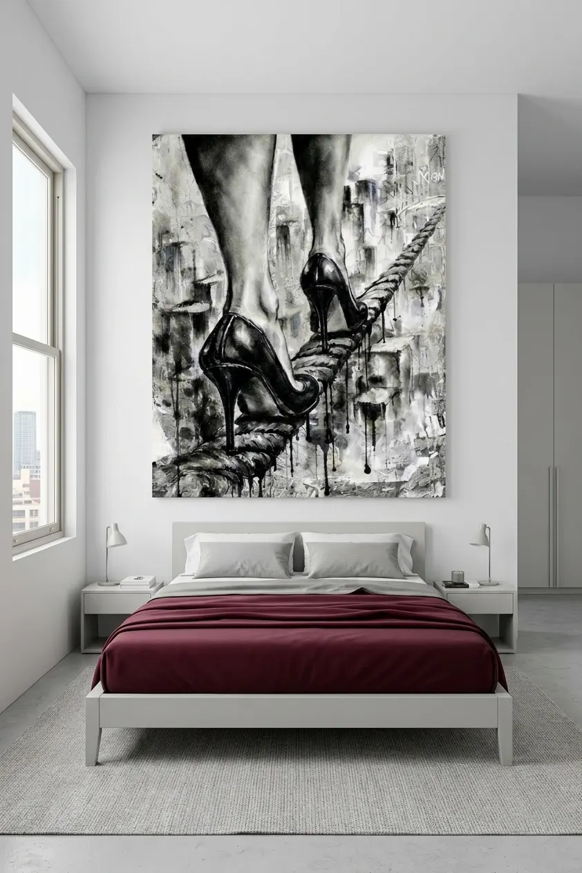 ableau street art femme talons équilibre corde graffiti pour chambre