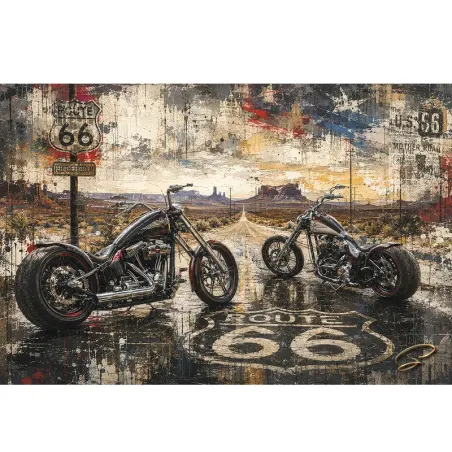 Tableau moto Twin Roads 66 deux choppers sur la Route 66 art contemporain par LVIP