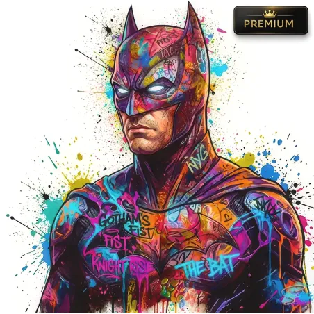 Tableau Batman Pop Art Street Art graffiti néon contemporain avec portrait du Chevalier Noir et tags urbains colorés