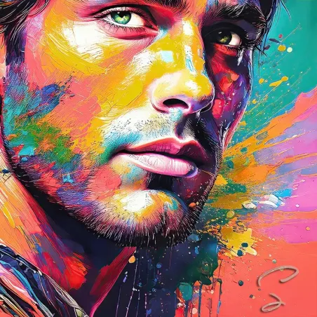 Tableaux portrait abstrait coloré homme brun yeux verts impression plexi, toile ou pvc